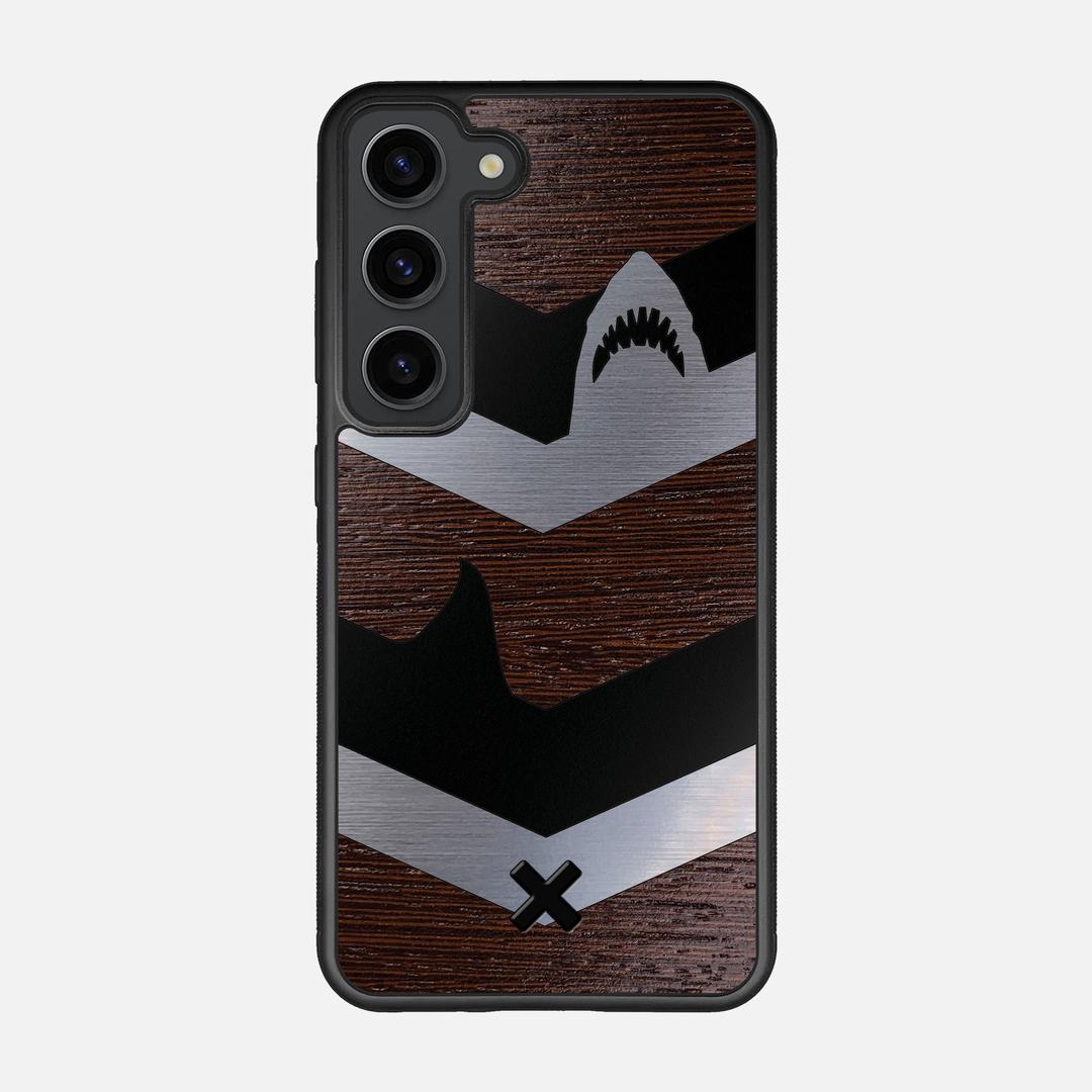 Shark Chevron Case for the Samsung Galaxy S23 featuring an Engraved Silver and Wenge Wood backer with the Keyway X Mark#Phone Model_Galaxy S23