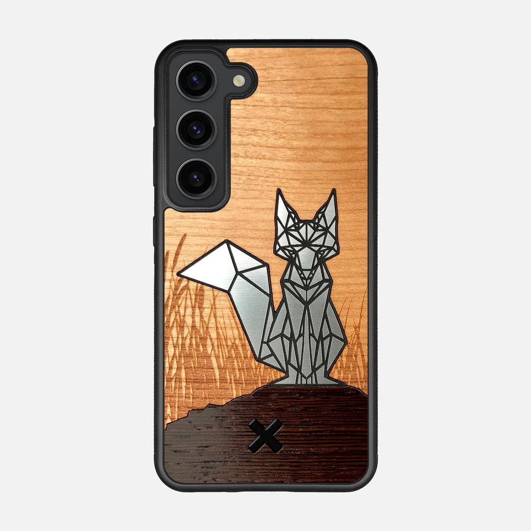Silver Fox Case for the Samsung Galaxy S23 featuring an Engraved Silver, Cherry, and Wenge Wood backer with the Keyway X Mark#Phone Model_Galaxy S23