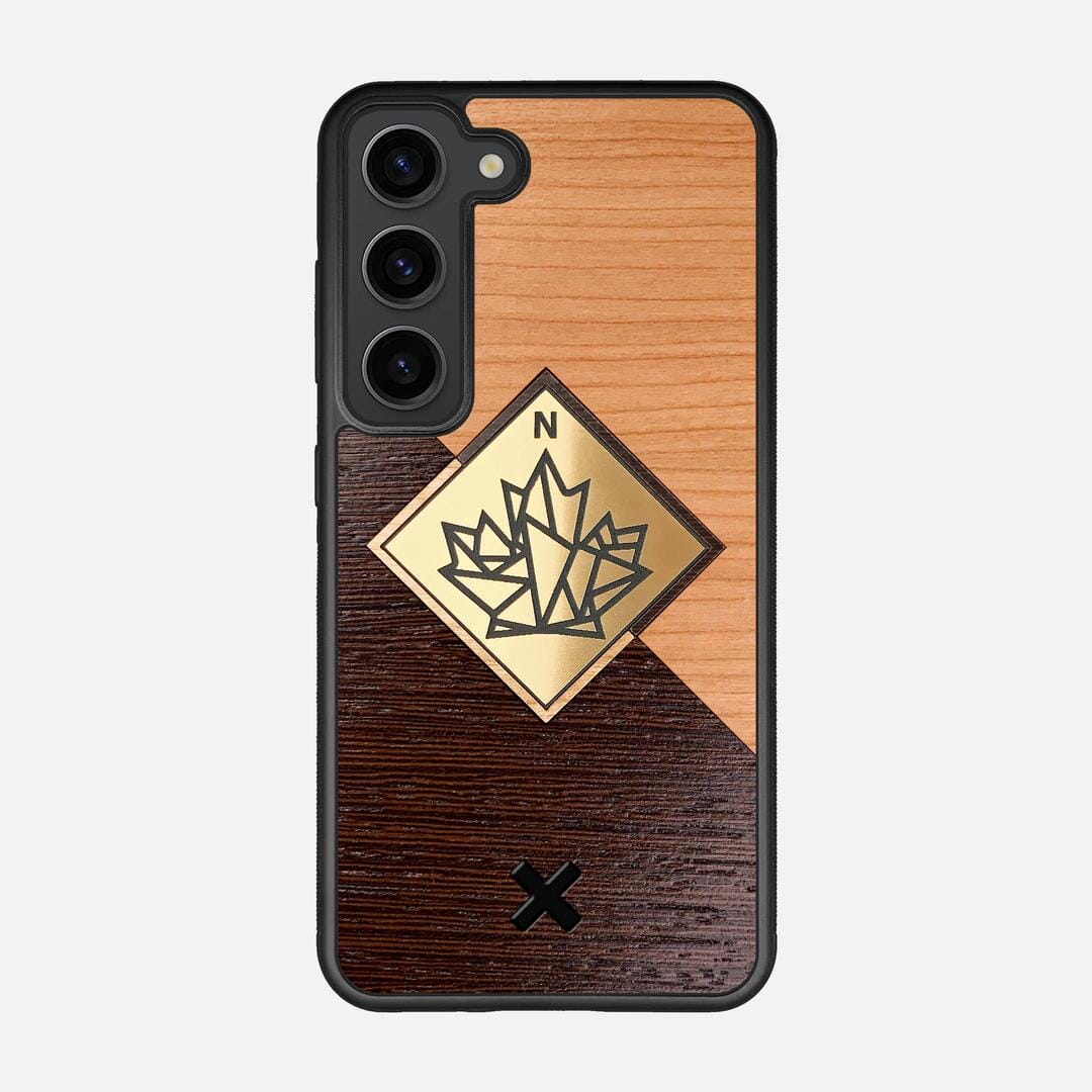 True North Case for the Samsung Galaxy S23 featuring an Engraved Gold, Cherry, and Wenge Wood backer with the Keyway X Mark#Phone Model_Galaxy S23