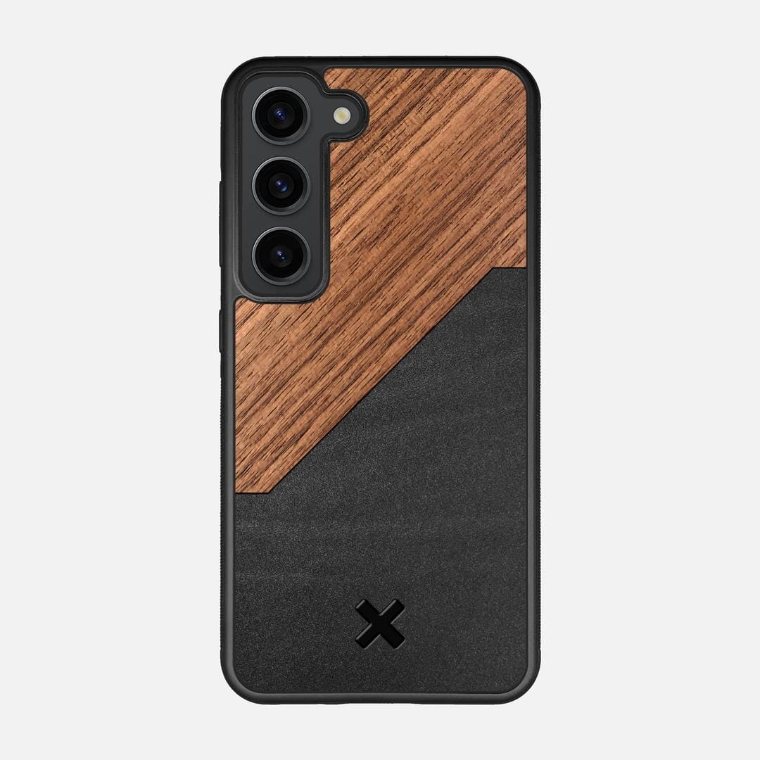 Walnut Rift Case for the Samsung Galaxy S23 featuring a Genuine Leather and Walnut Wood backer with the Keyway X Mark#Phone Model_Galaxy S23