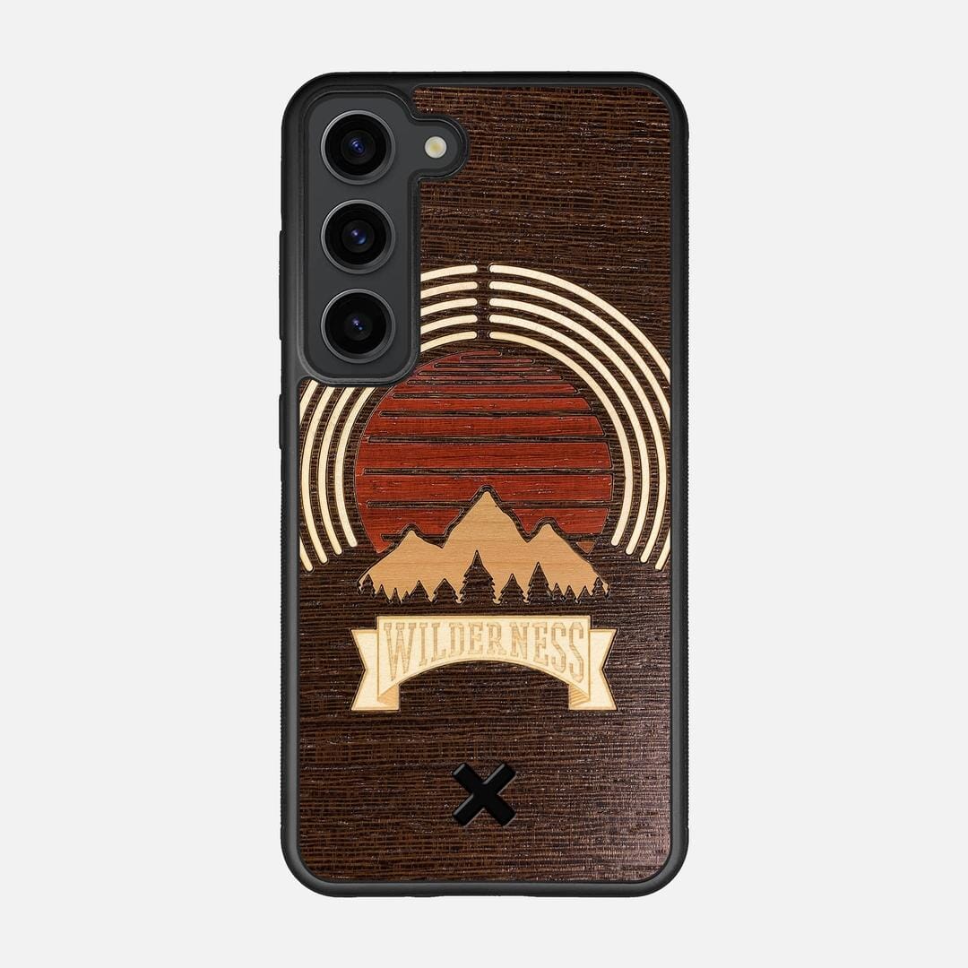 Wilderness Case for the Samsung Galaxy S23 featuring a Maple, Padauk, and Cherry Sunset inlay on a Wenge Wood backer with the Keyway X Mark#Phone Model_Galaxy S23
