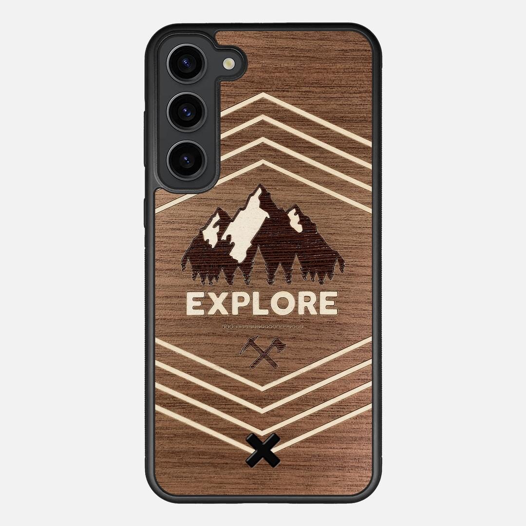 Explore Case for the Samsung Galaxy S23 Plus featuring a Wenge and Maple Mountain Range inlay on a Walnut Wood backer with the Keyway X Mark#Phone Model_Galaxy S23 Plus