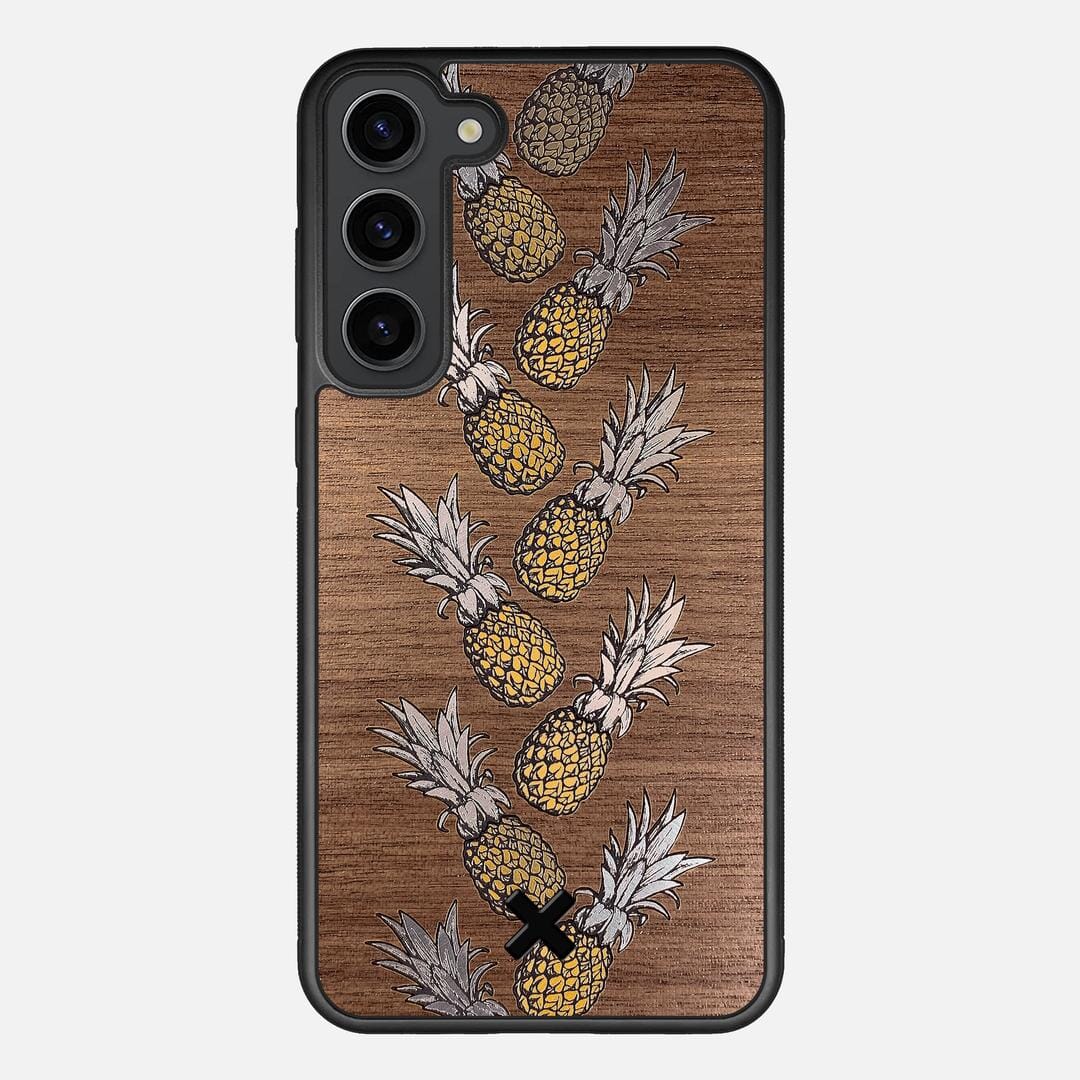 Pineapple Case for the Samsung Galaxy S23 Plus featuring a repeating gold and silver Pineapple inlay on a Walnut Wood backer with the Keyway X Mark#Phone Model_Galaxy S23 Plus
