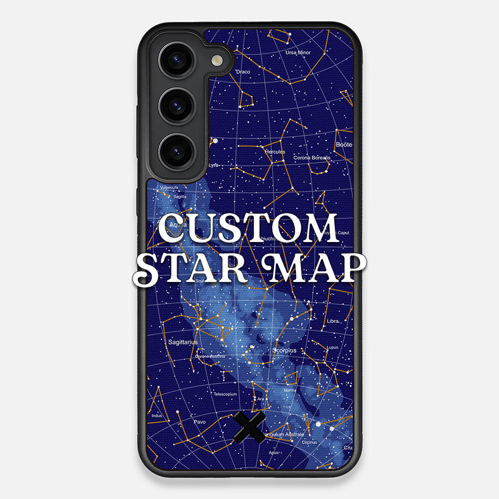 Front view of the Custom Star Map Printed Canvas Galaxy S23+ Case by Keyway Designs