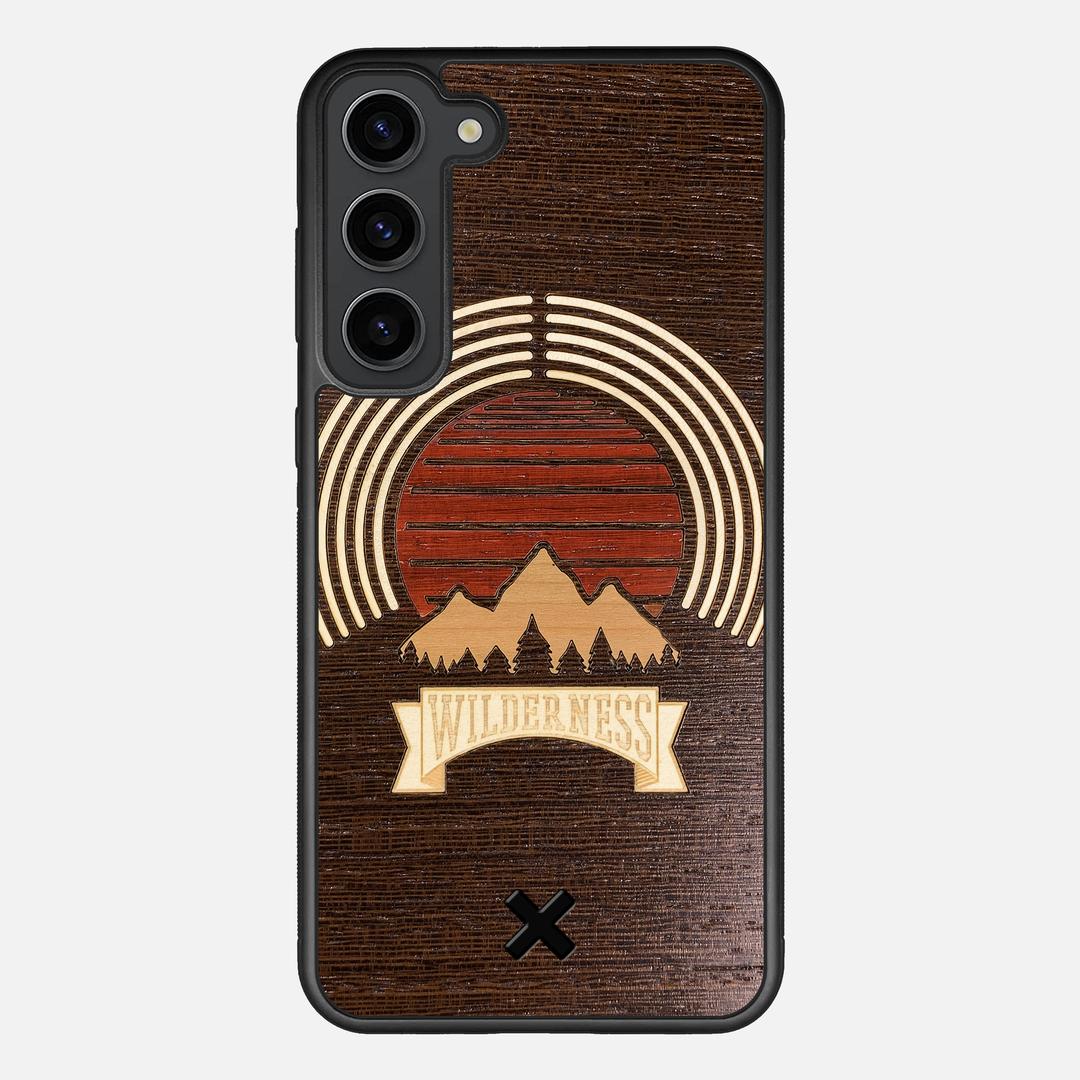 Wilderness Case for the Samsung Galaxy S23 Plus featuring a Maple, Padauk, and Cherry Sunset inlay on a Wenge Wood backer with the Keyway X Mark#Phone Model_Galaxy S23 Plus