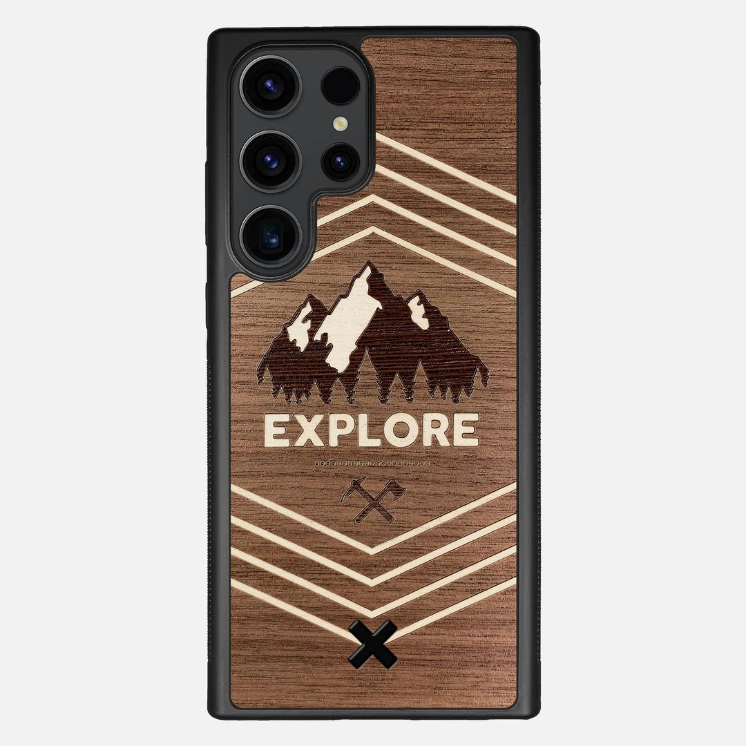 Explore Case for the Samsung Galaxy S23 Ultra featuring a Wenge and Maple Mountain Range inlay on a Walnut Wood backer with the Keyway X Mark#Phone Model_Galaxy S23 Ultra