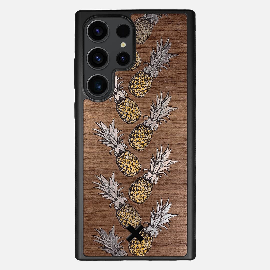 Pineapple Case for the Samsung Galaxy S23 Ultra featuring a repeating gold and silver Pineapple inlay on a Walnut Wood backer with the Keyway X Mark#Phone Model_Galaxy S23 Ultra