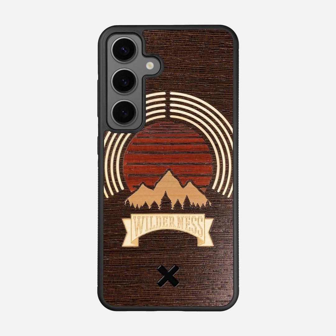 Wilderness Case for the Samsung Galaxy S24 featuring a Maple, Padauk, and Cherry Sunset inlay on a Wenge Wood backer with the Keyway X Mark#Phone Model_Galaxy S24