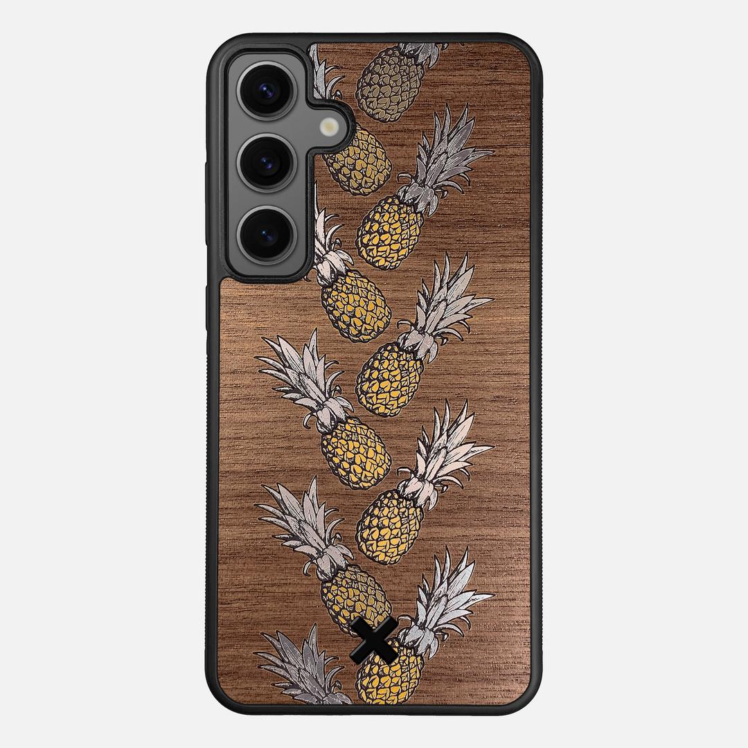 Pineapple Case for the Samsung Galaxy S24 Plus featuring a repeating gold and silver Pineapple inlay on a Walnut Wood backer with the Keyway X Mark#Phone Model_Galaxy S24 Plus