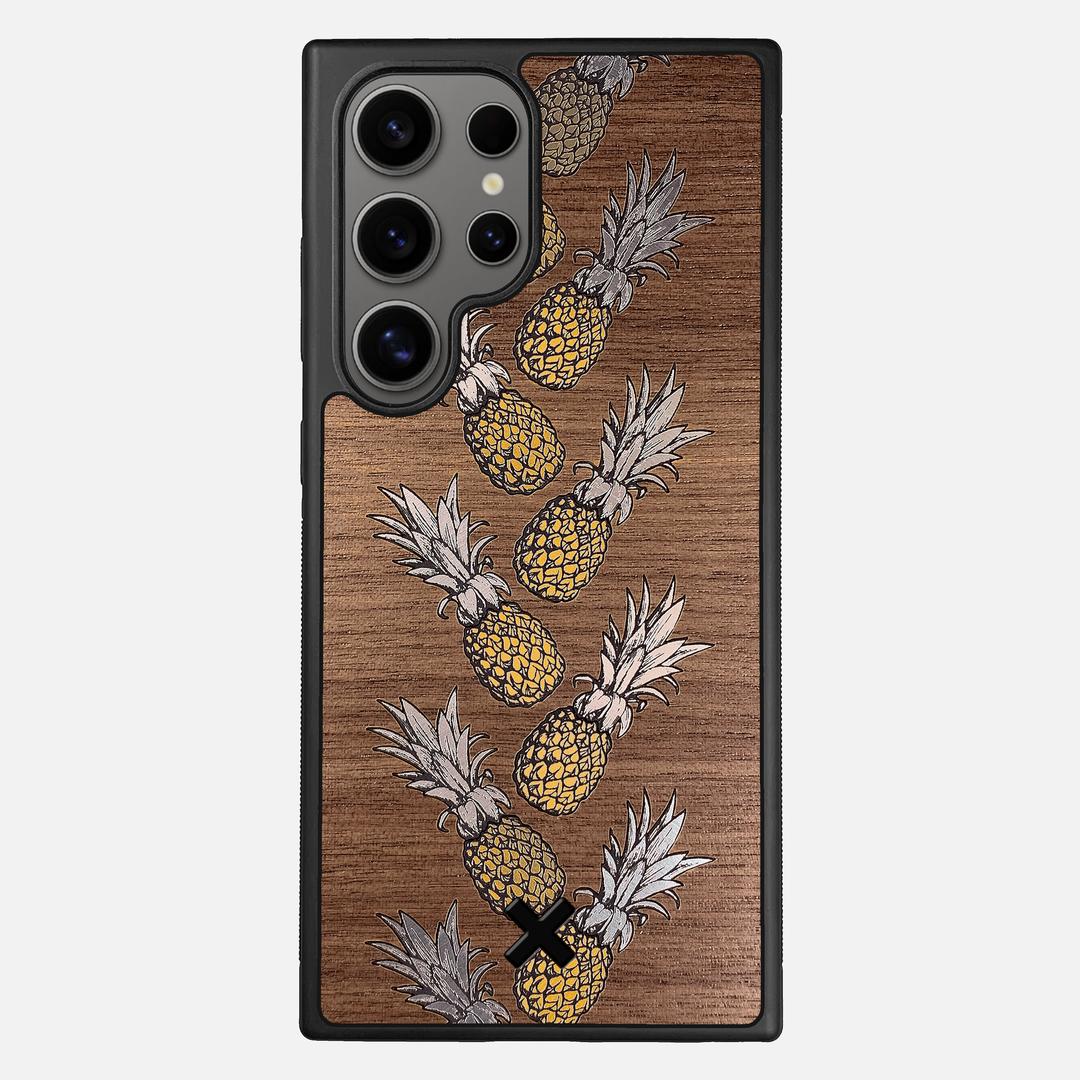 Pineapple Case for the Samsung Galaxy S24 Ultra featuring a repeating gold and silver Pineapple inlay on a Walnut Wood backer with the Keyway X Mark#Phone Model_Galaxy S24 Ultra