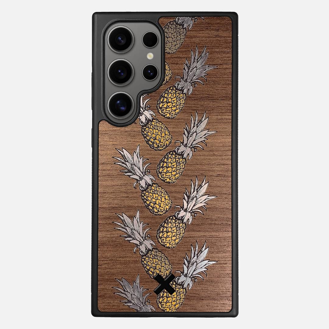 Pineapple Case for the Samsung Galaxy S24 Ultra featuring a repeating gold and silver Pineapple inlay on a Walnut Wood backer with the Keyway X Mark#Phone Model_Galaxy S24 Ultra