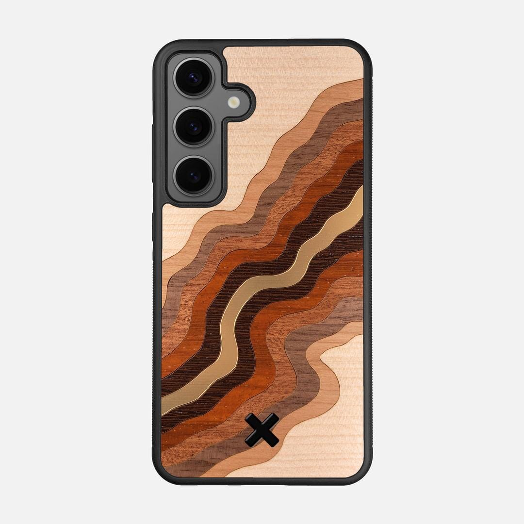Canyon Case for the Samsung Galaxy S25 featuring a flowing Gold, Maple, Cherry, Walnut, Sapele, Padauk, and Wenge Wood backer with the Keyway X Mark#Phone Model_Galaxy S25