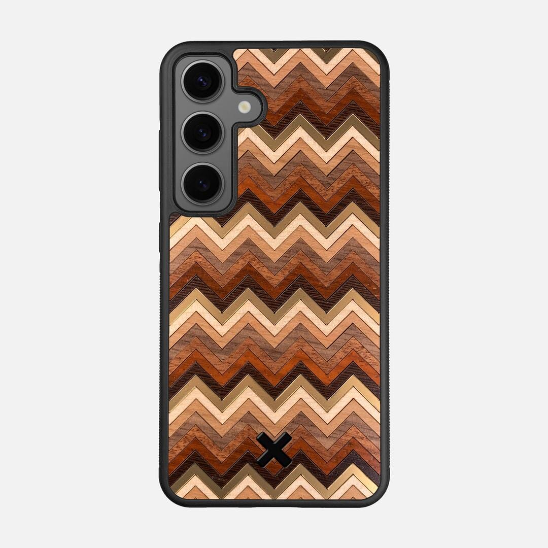 Echo Case for the Samsung Galaxy S25 featuring a zigzag Gold, Maple, Cherry, Walnut, Sapele, Padauk, and Wenge Wood backer with the Keyway X Mark#Phone Model_Galaxy S25