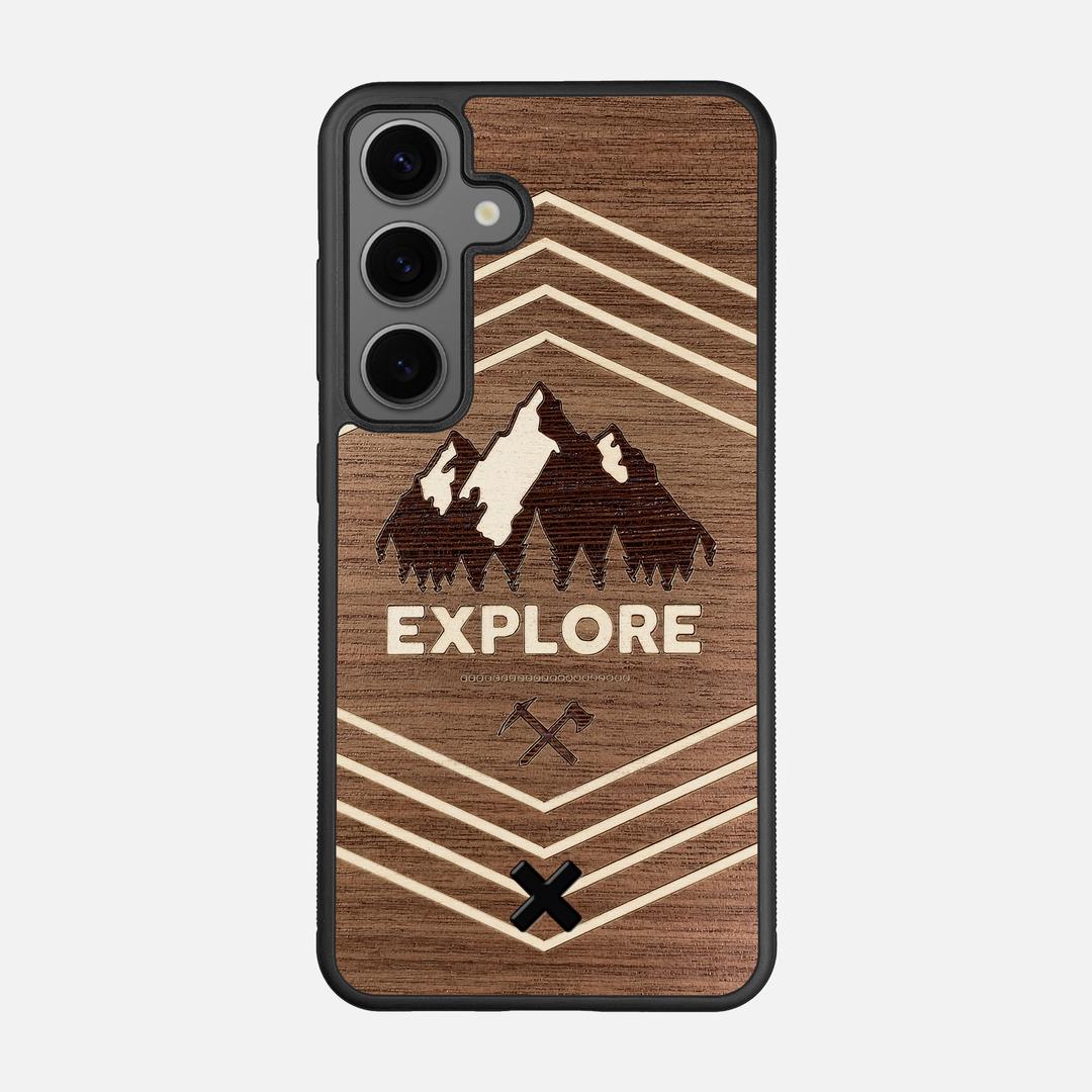 Explore Case for the Samsung Galaxy S25 featuring a Wenge and Maple Mountain Range inlay on a Walnut Wood backer with the Keyway X Mark#Phone Model_Galaxy S25