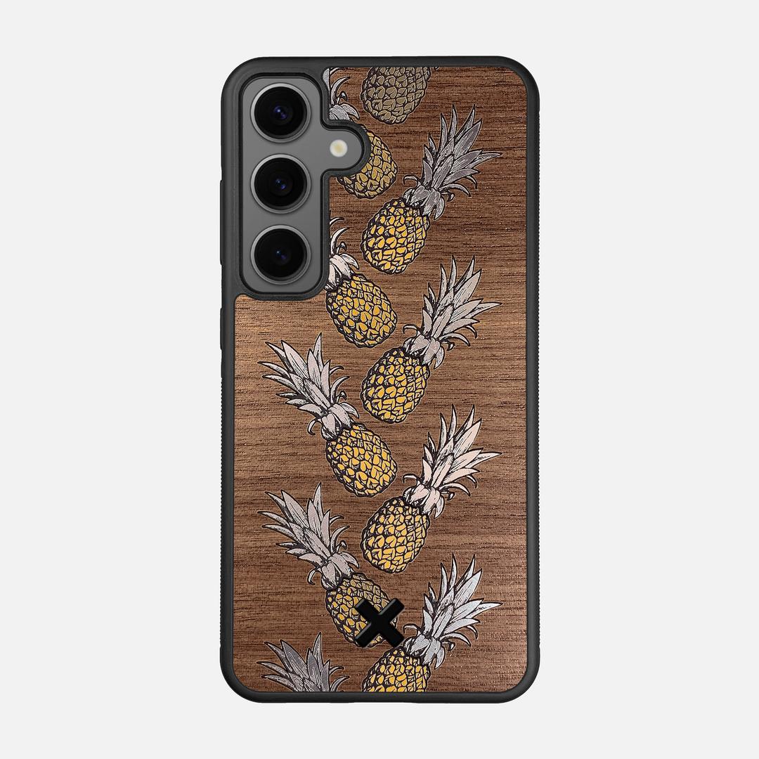 Pineapple Case for the Samsung Galaxy S25 featuring a repeating gold and silver Pineapple inlay on a Walnut Wood backer with the Keyway X Mark#Phone Model_Galaxy S25