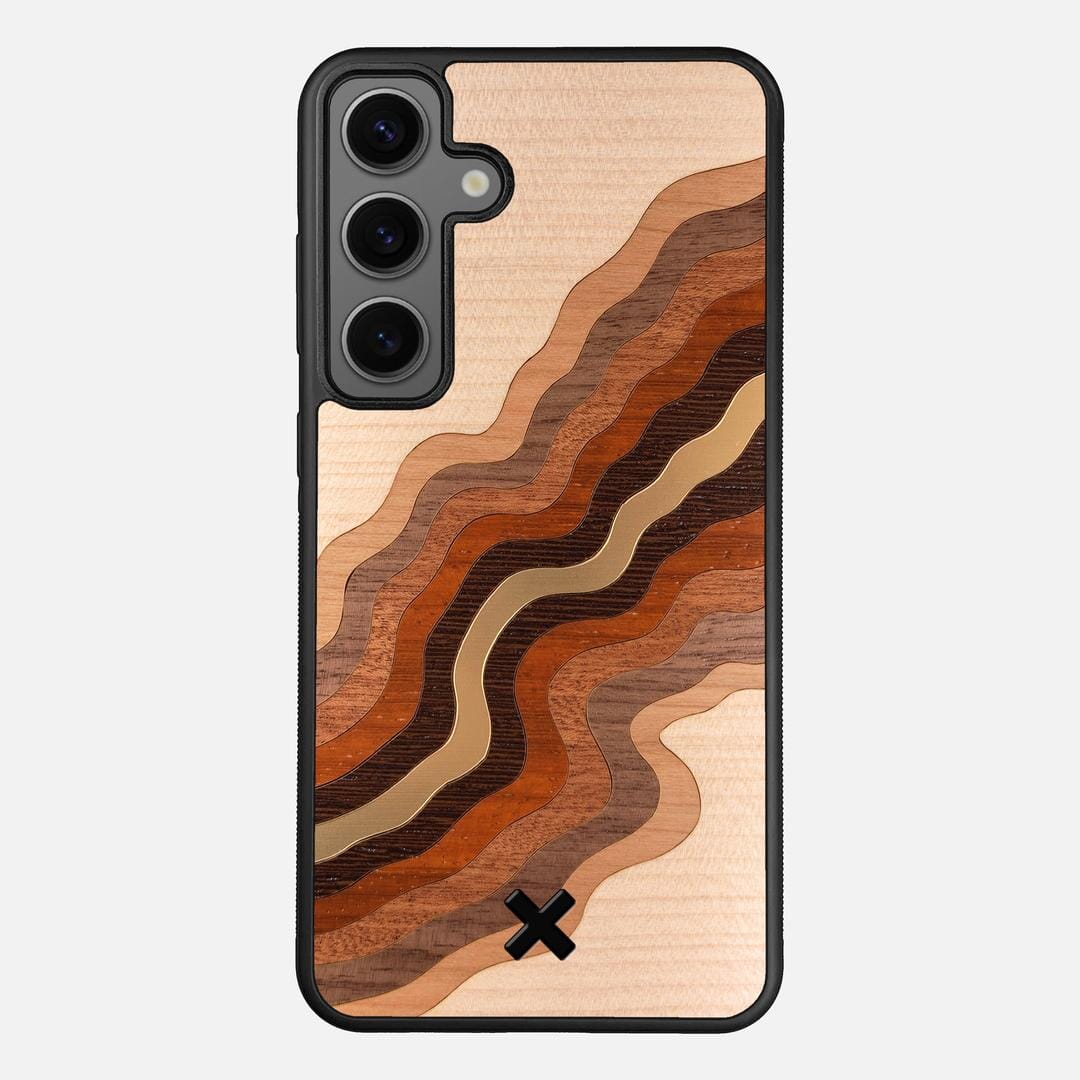 Canyon Case for the Samsung Galaxy S25 Plus featuring a flowing Gold, Maple, Cherry, Walnut, Sapele, Padauk, and Wenge Wood backer with the Keyway X Mark#Phone Model_Galaxy S25 Plus