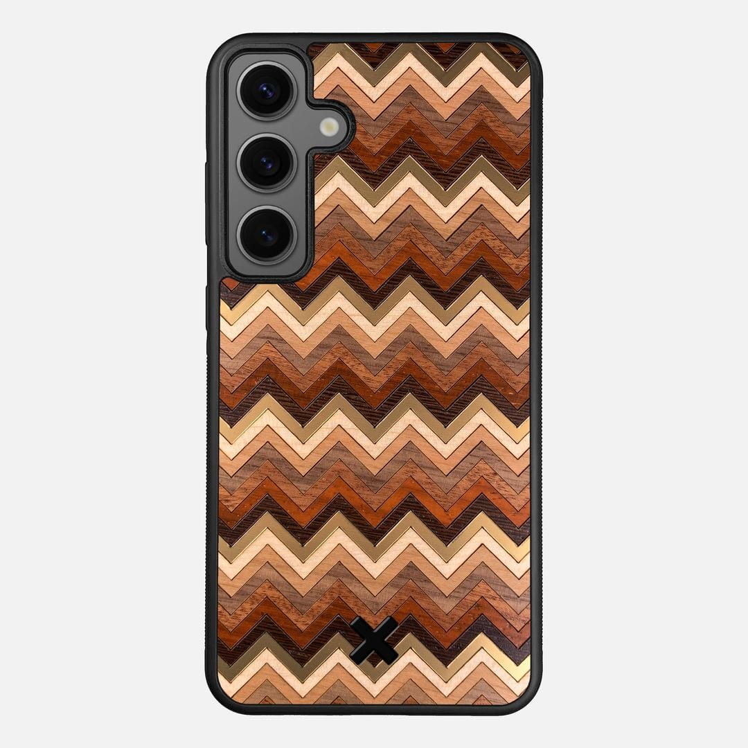 Echo Case for the Samsung Galaxy S25 Plus featuring a zigzag Gold, Maple, Cherry, Walnut, Sapele, Padauk, and Wenge Wood backer with the Keyway X Mark#Phone Model_Galaxy S25 Plus