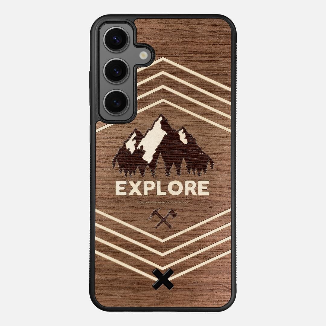 Explore Case for the Samsung Galaxy S25 Plus featuring a Wenge and Maple Mountain Range inlay on a Walnut Wood backer with the Keyway X Mark#Phone Model_Galaxy S25 Plus
