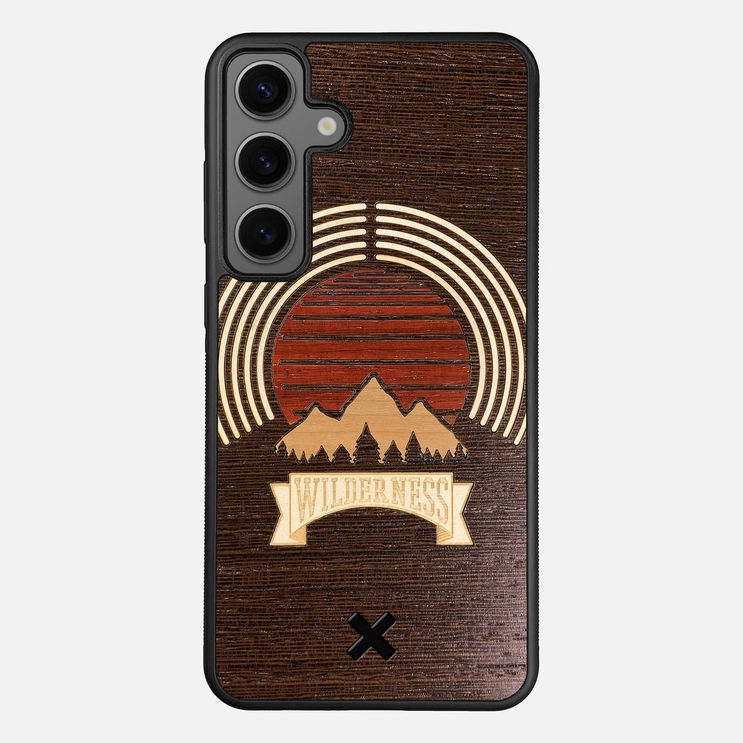 Wilderness Case for the Samsung Galaxy S25 Plus featuring a Maple, Padauk, and Cherry Sunset inlay on a Wenge Wood backer with the Keyway X Mark#Phone Model_Galaxy S25 Plus