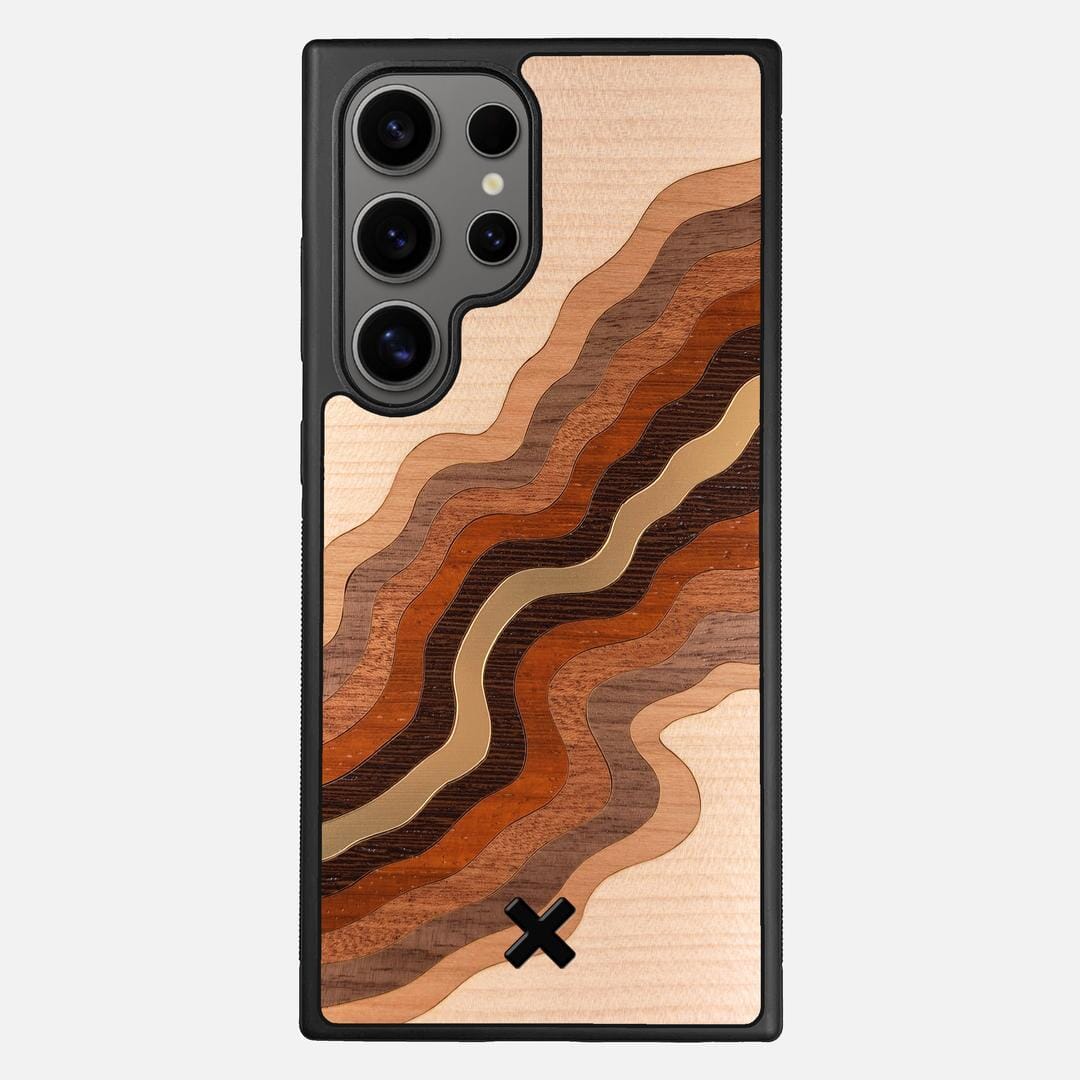 Canyon Case for the Samsung Galaxy S25 Ultra featuring a flowing Gold, Maple, Cherry, Walnut, Sapele, Padauk, and Wenge Wood backer with the Keyway X Mark#Phone Model_Galaxy S25 Ultra