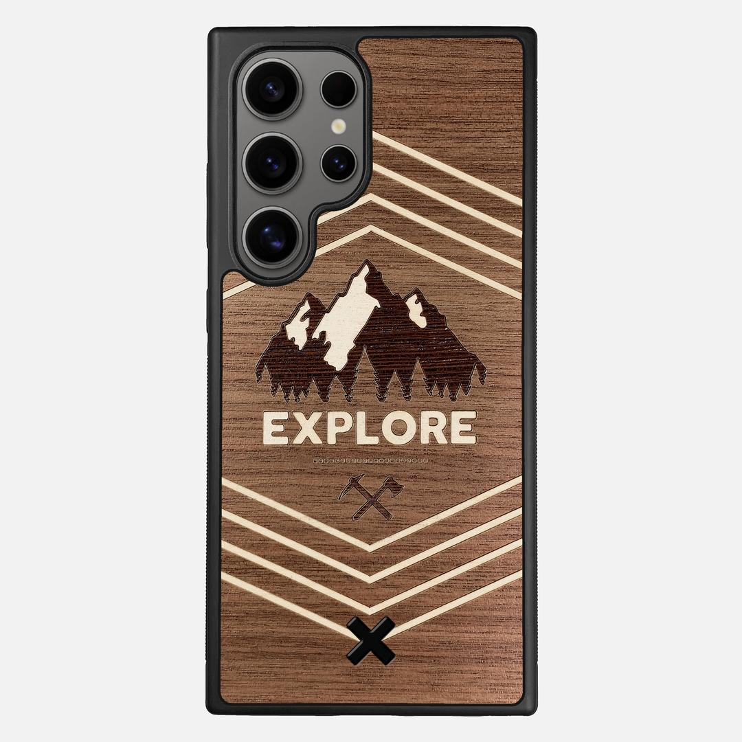 Explore Case for the Samsung Galaxy S25 Ultra featuring a Wenge and Maple Mountain Range inlay on a Walnut Wood backer with the Keyway X Mark#Phone Model_Galaxy S25 Ultra