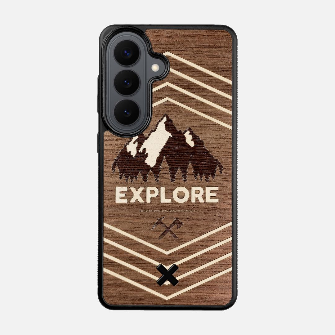 Explore Case for the Samsung Galaxy S26 featuring a Wenge and Maple Mountain Range inlay on a Walnut Wood backer with the Keyway X Mark#Phone Model_Galaxy S26