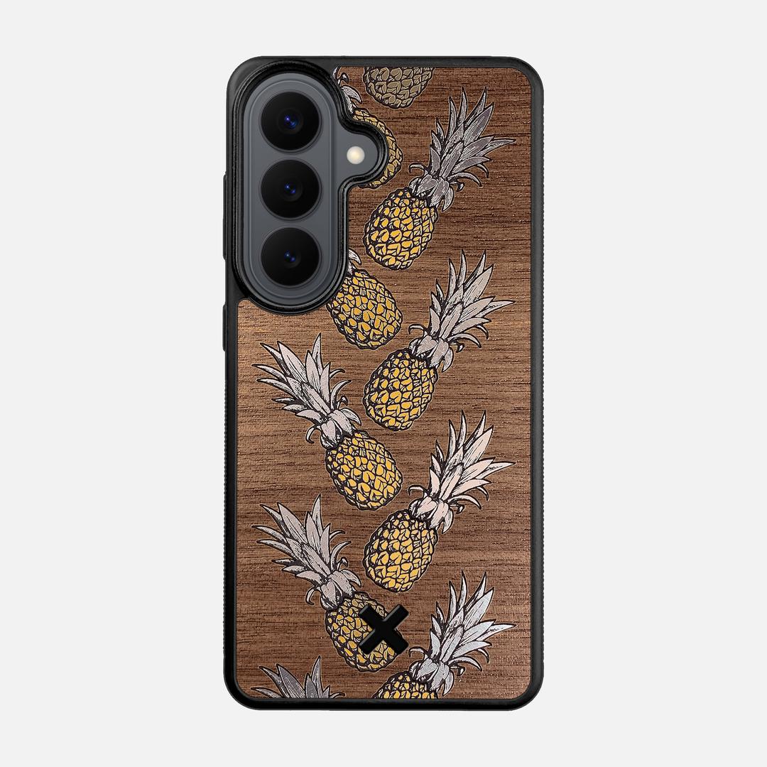 Pineapple Case for the Samsung Galaxy S26 featuring a repeating gold and silver Pineapple inlay on a Walnut Wood backer with the Keyway X Mark#Phone Model_Galaxy S26