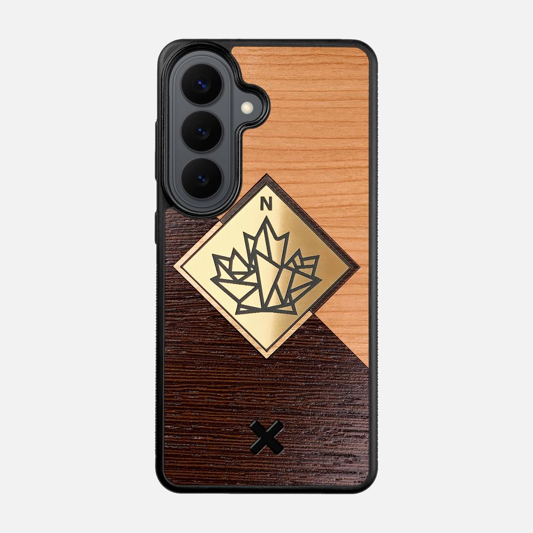 True North Case for the Samsung Galaxy S26 featuring an Engraved Gold, Cherry, and Wenge Wood backer with the Keyway X Mark#Phone Model_Galaxy S26