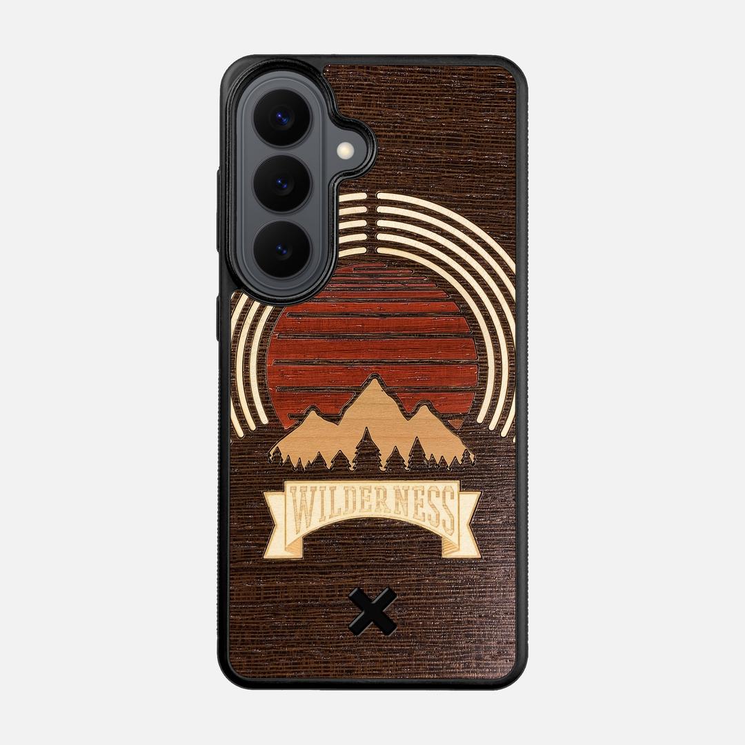 Wilderness Case for the Samsung Galaxy S26 featuring a Maple, Padauk, and Cherry Sunset inlay on a Wenge Wood backer with the Keyway X Mark#Phone Model_Galaxy S26