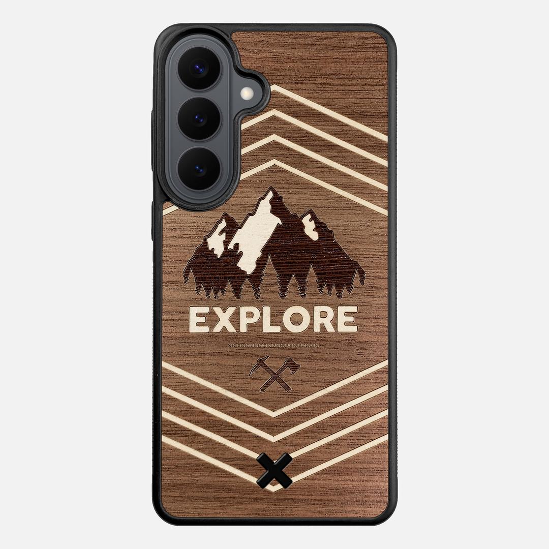 Explore Case for the Samsung Galaxy S26 Plus featuring a Wenge and Maple Mountain Range inlay on a Walnut Wood backer with the Keyway X Mark#Phone Model_Galaxy S26 Plus