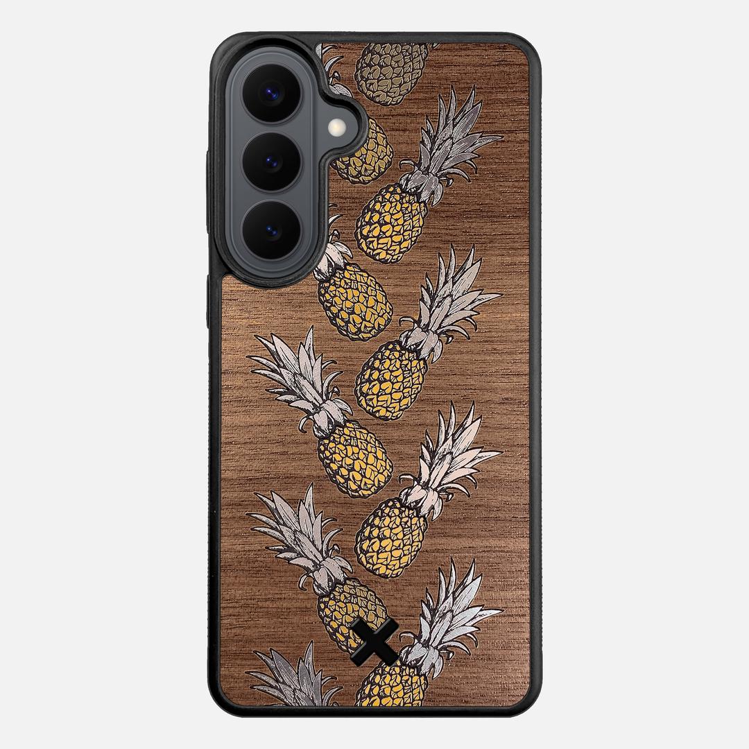 Pineapple Case for the Samsung Galaxy S26 Plus featuring a repeating gold and silver Pineapple inlay on a Walnut Wood backer with the Keyway X Mark#Phone Model_Galaxy S26 Plus