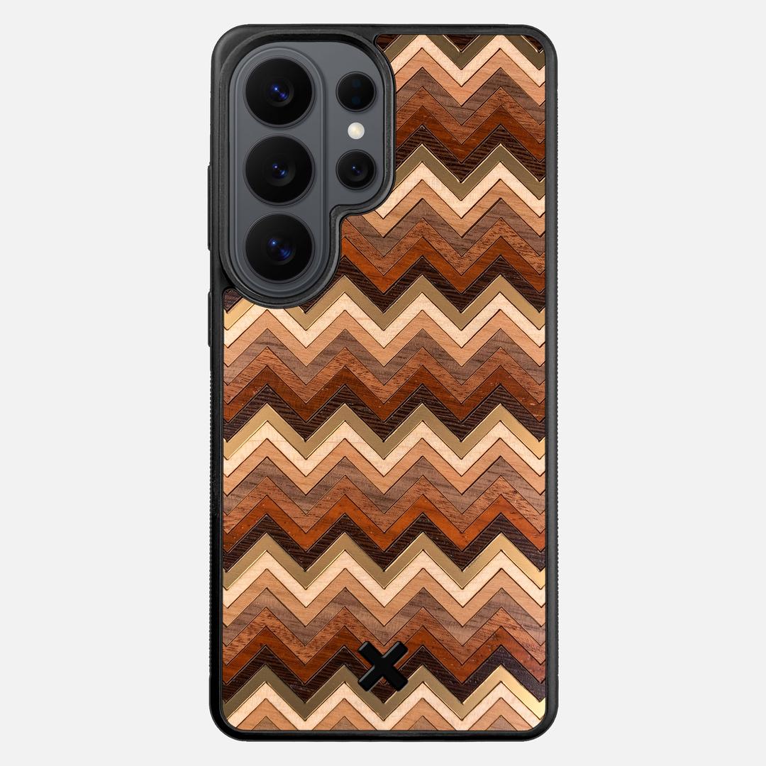 Echo Case for the Samsung Galaxy S26 Ultra featuring a zigzag Gold, Maple, Cherry, Walnut, Sapele, Padauk, and Wenge Wood backer with the Keyway X Mark#Phone Model_Galaxy S26 Ultra