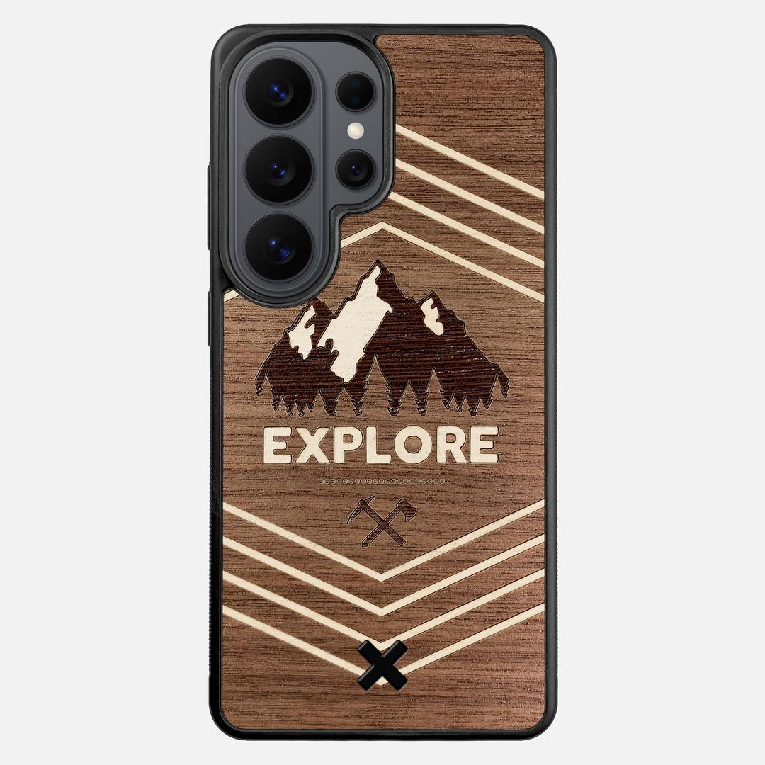 Explore Case for the Samsung Galaxy S26 Ultra featuring a Wenge and Maple Mountain Range inlay on a Walnut Wood backer with the Keyway X Mark#Phone Model_Galaxy S26 Ultra