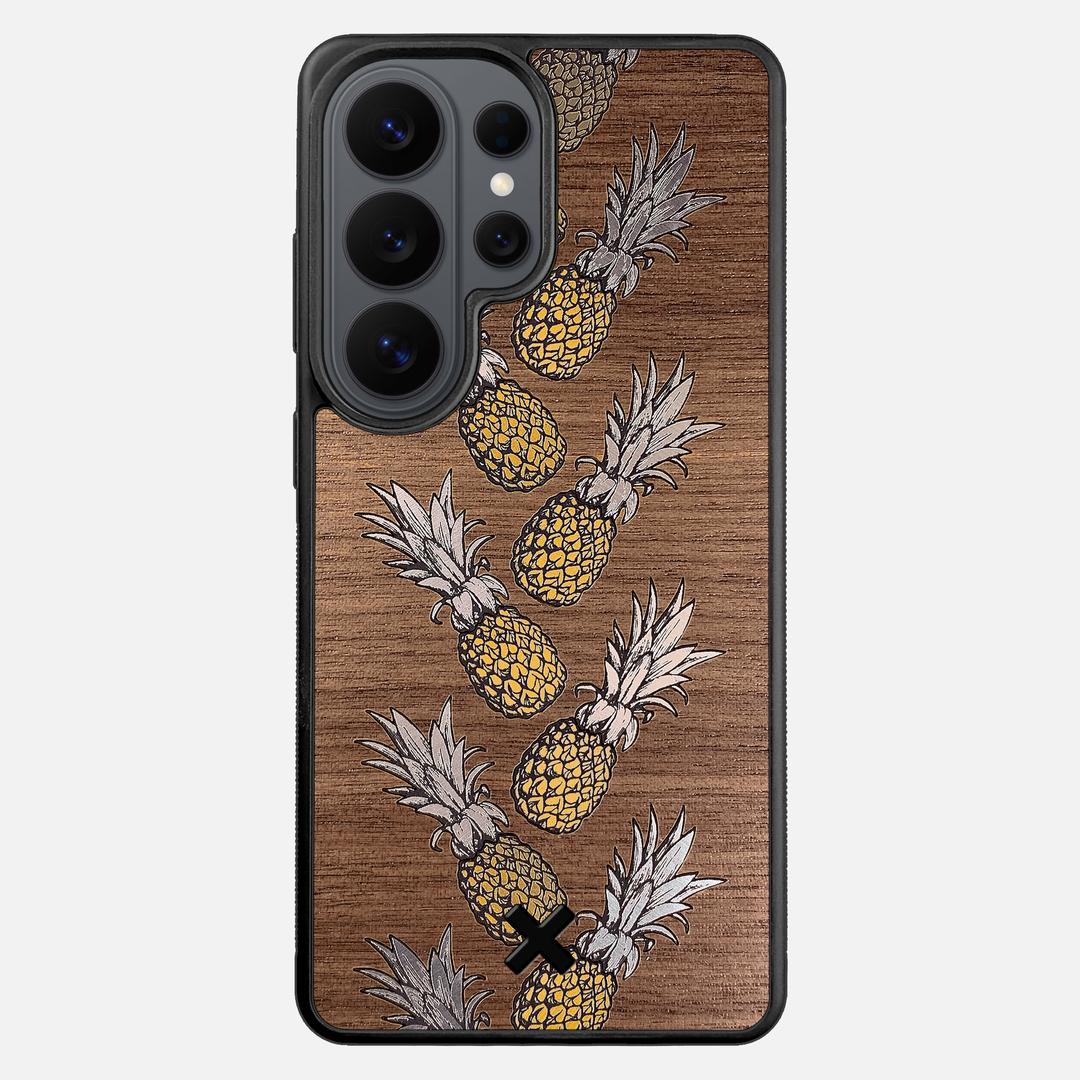 Pineapple Case for the Samsung Galaxy S26 Ultra featuring a repeating gold and silver Pineapple inlay on a Walnut Wood backer with the Keyway X Mark#Phone Model_Galaxy S26 Ultra
