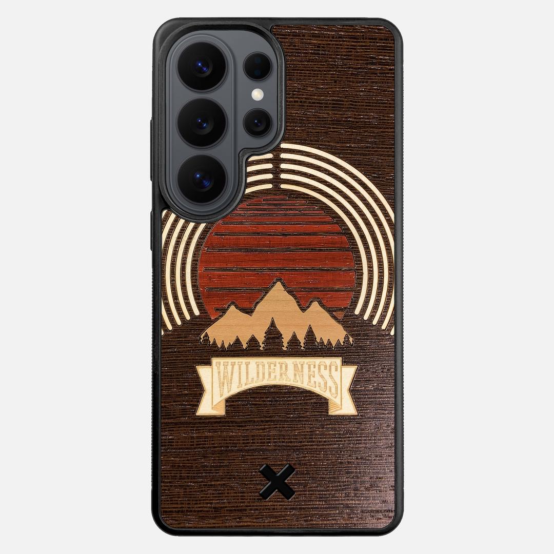 Wilderness Case for the Samsung Galaxy S26 Ultra featuring a Maple, Padauk, and Cherry Sunset inlay on a Wenge Wood backer with the Keyway X Mark#Phone Model_Galaxy S26 Ultra