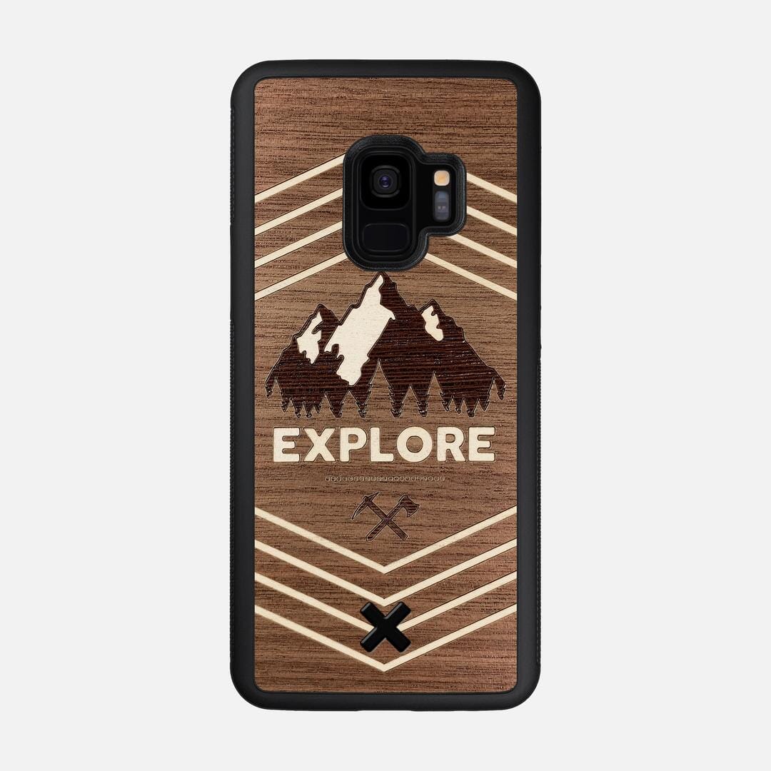 Explore Case for the Samsung Galaxy S9 featuring a Wenge and Maple Mountain Range inlay on a Walnut Wood backer with the Keyway X Mark#Phone Model_Galaxy S9