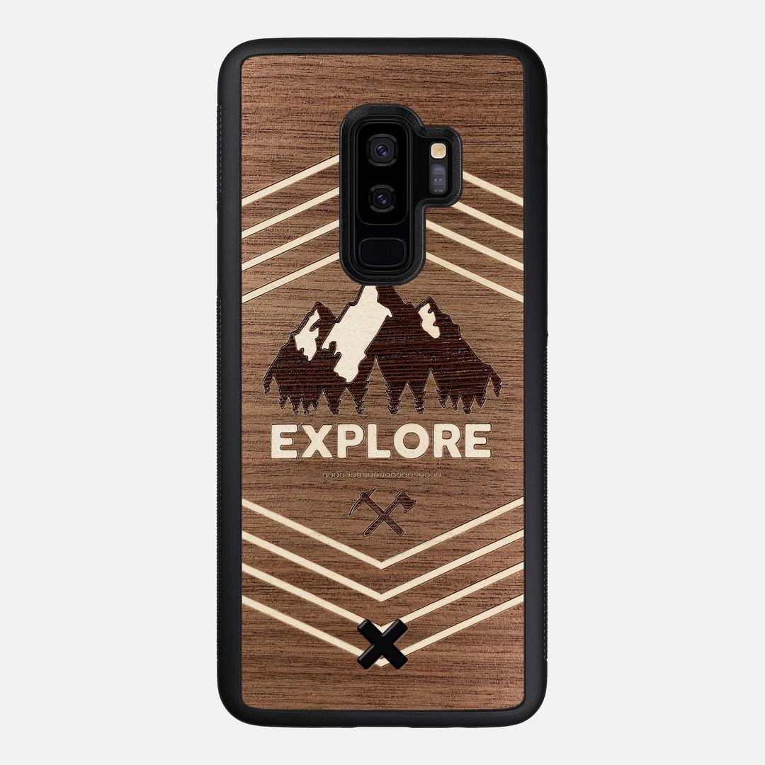 Explore Case for the Samsung Galaxy S9 Plus featuring a Wenge and Maple Mountain Range inlay on a Walnut Wood backer with the Keyway X Mark#Phone Model_Galaxy S9 Plus