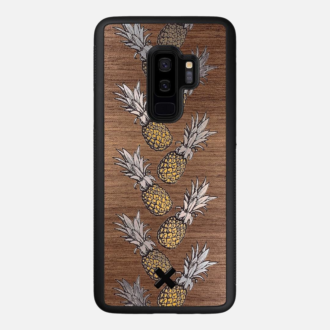 Pineapple Case for the Samsung Galaxy S9 Plus featuring a repeating gold and silver Pineapple inlay on a Walnut Wood backer with the Keyway X Mark#Phone Model_Galaxy S9 Plus