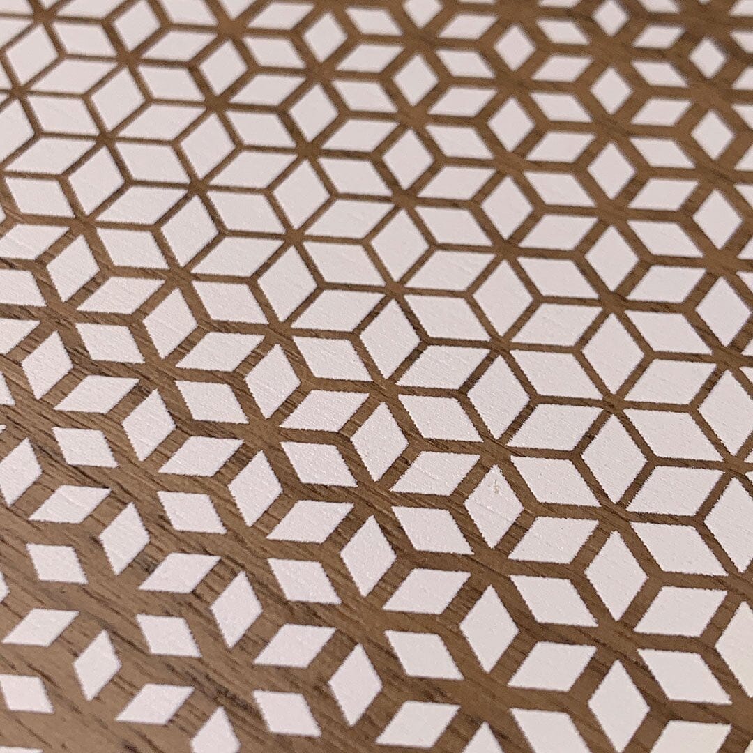 Zoomed in detailed shot of the white ink geometric gradient printed on Walnut wood phone case by Keyway