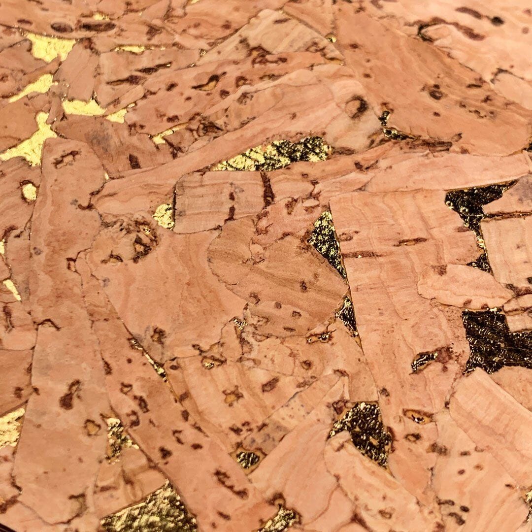 Zoomed details of the gold foil flakes between layers of natural cork in the Gold Cork phone case by Keyway