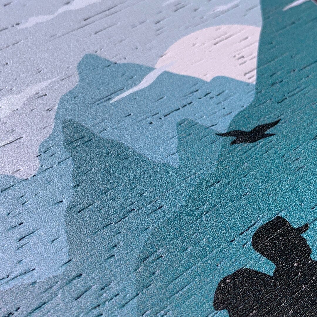 Zoomed in detailed shot of the stylized mountain hiker print on Wenge wood phone case by Keyway