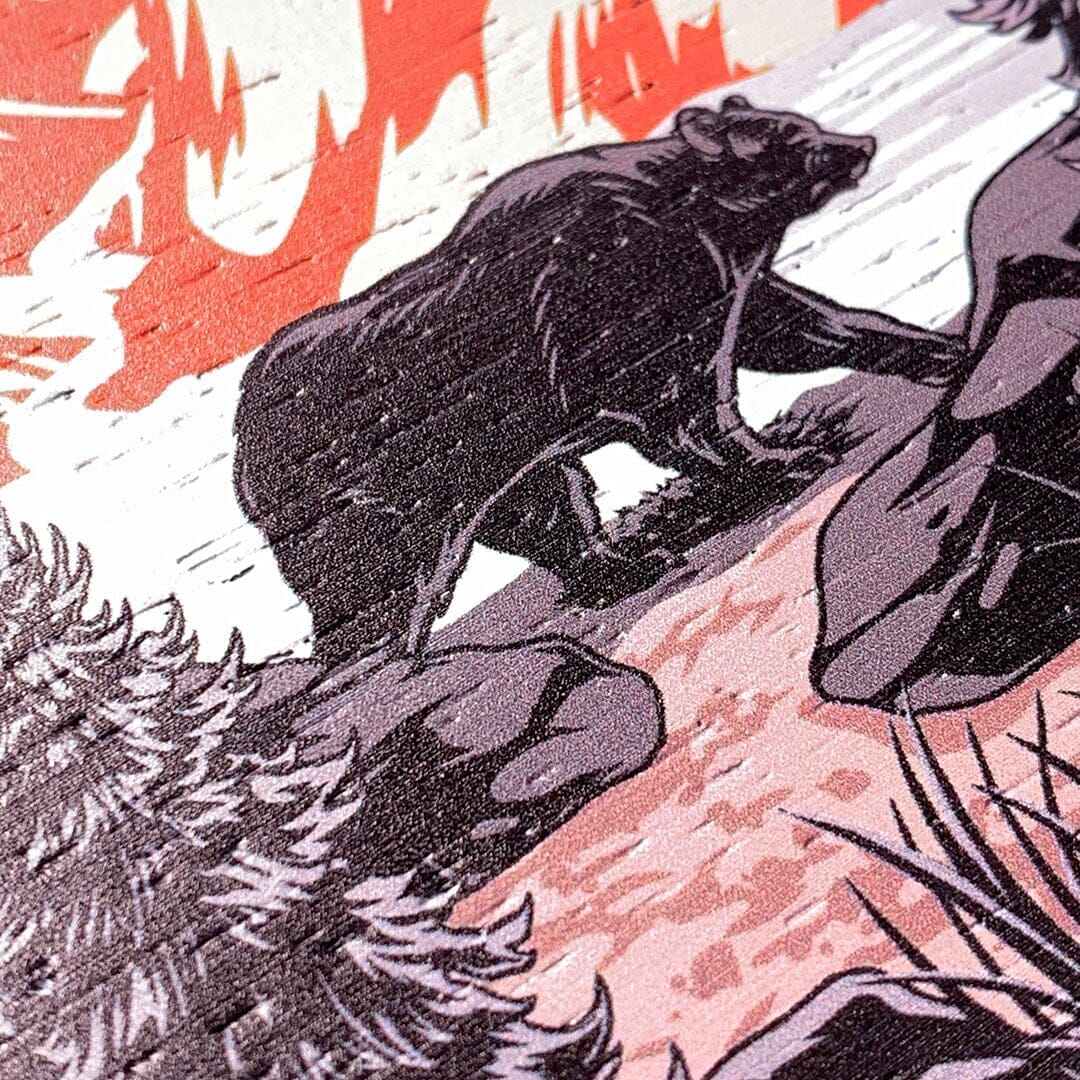 Zoomed in detailed shot of the stylized Kodiak bear in the mountains print on Wenge wood phone case by Keyway