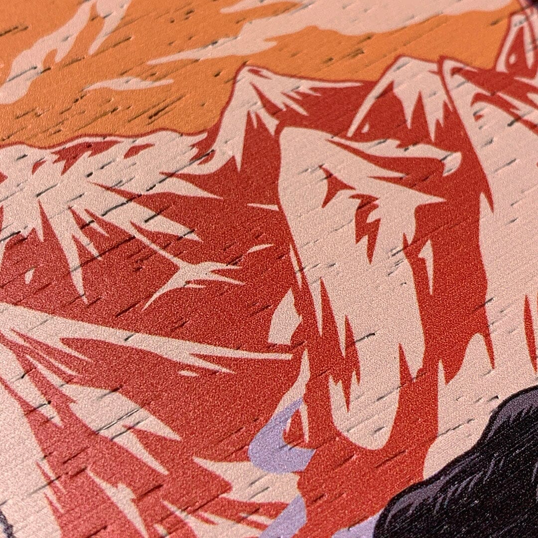 Zoomed in detailed shot of the stylized Kodiak bear in the mountains print on Wenge wood phone case by Keyway