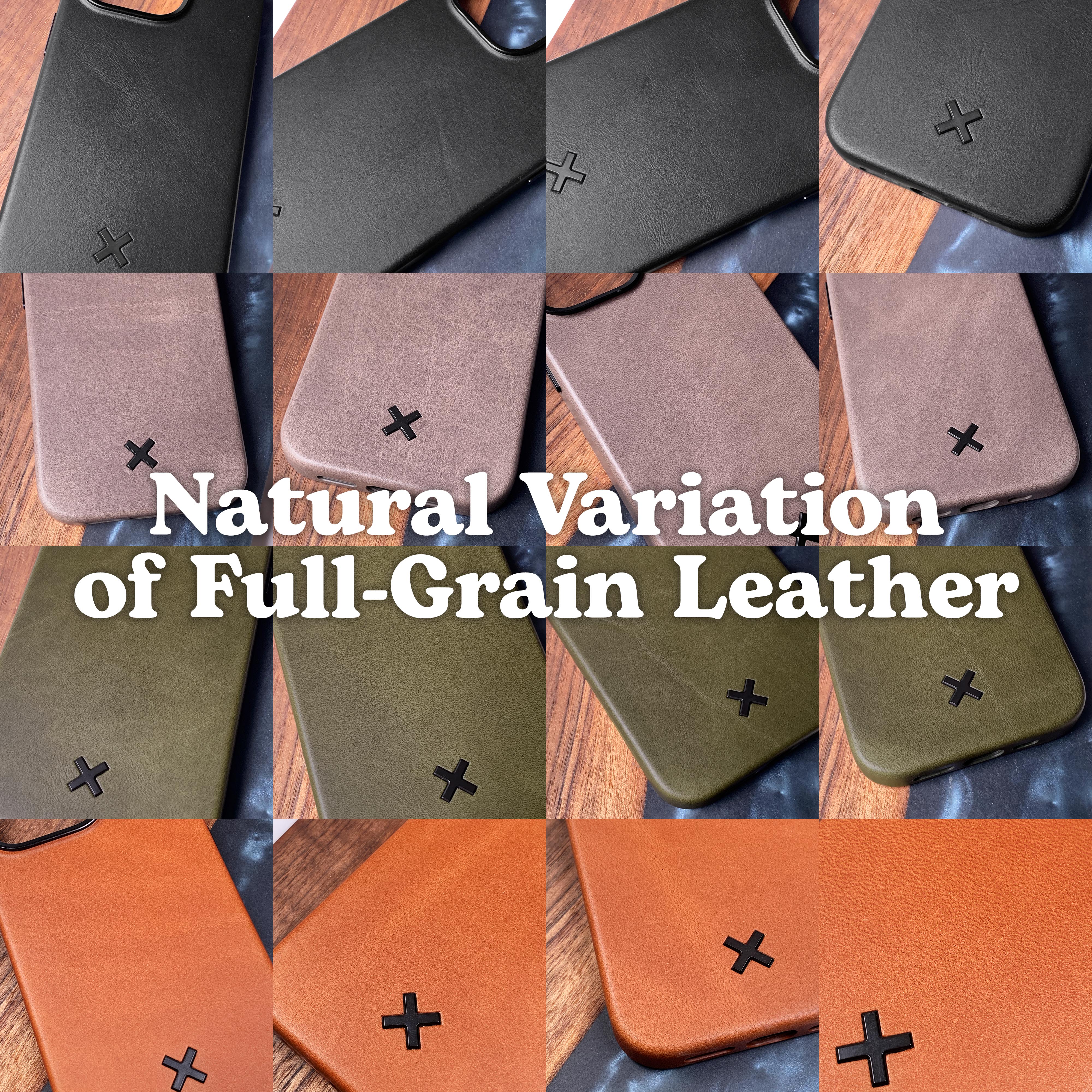 Multiple Examples of Natural Variations of Full-Grain Leather. All of these examples are considered normal and are all different from piece to piece.