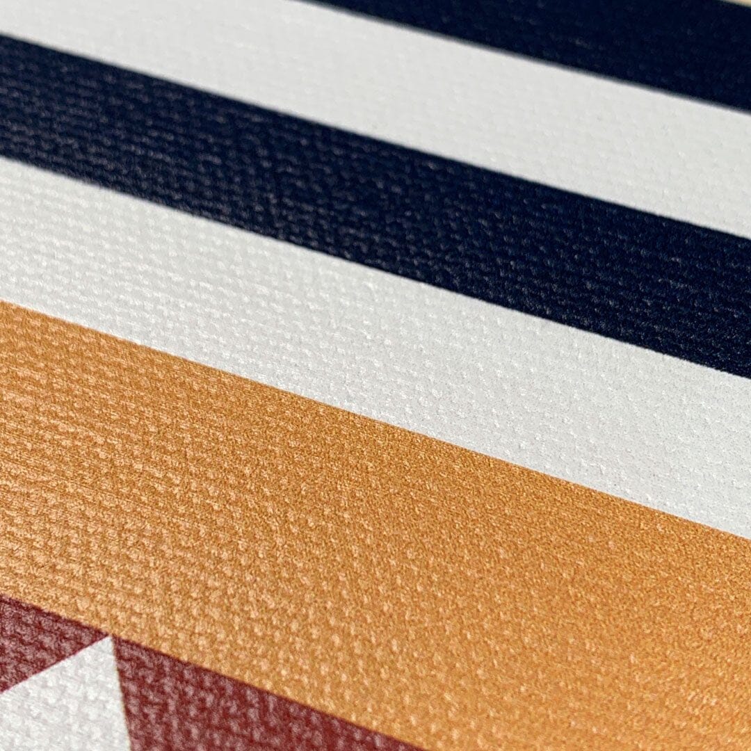 Zoomed in detailed shot of the yellow, navy and white flag lines on printed cotton canvas phone case by Keyway