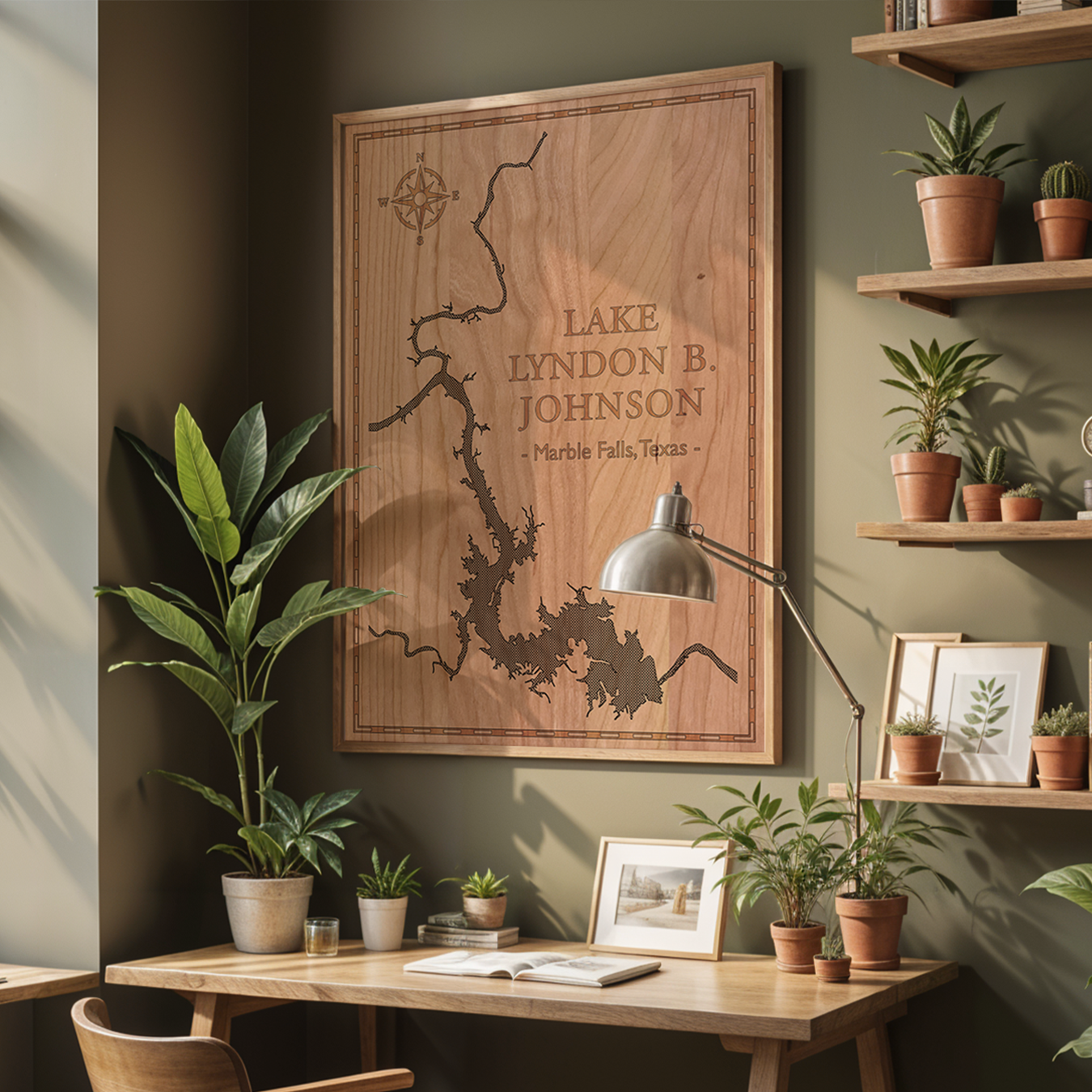 Framed wooden map of Lake Lyndon B. Johnson in Marble Falls, Texas, displayed in a nature-inspired home office. Surrounded by potted plants and earthy tones, this laser-engraved wall art adds warmth and personality to any workspace.