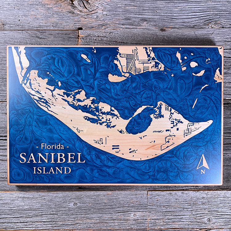 Epoxy map of Sanibel Island, Florida, USA, handmade by Keyway