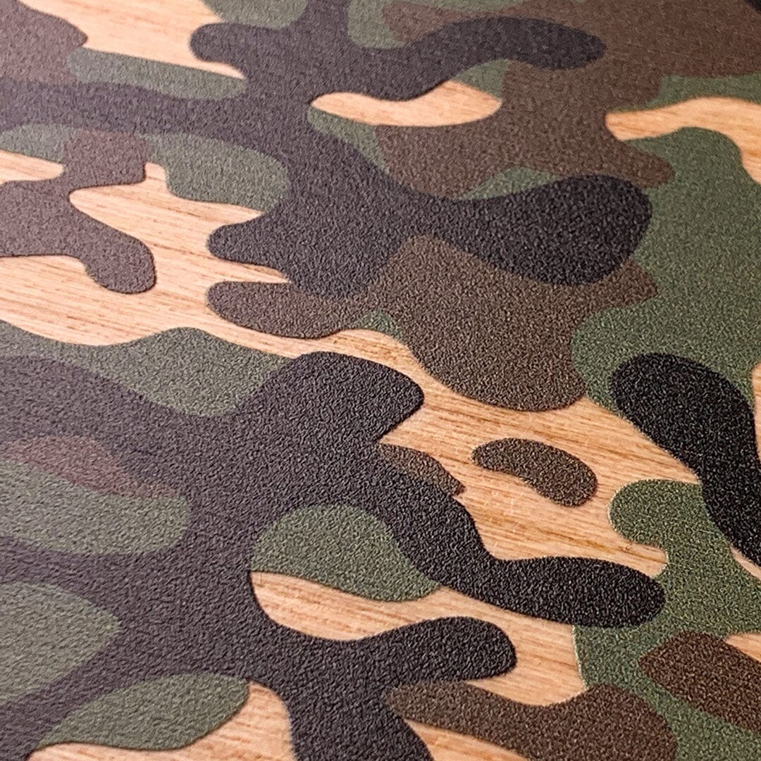 Zoomed in detail shot of the printed camouflage pattern on Cherry wood phone case by Keyway
