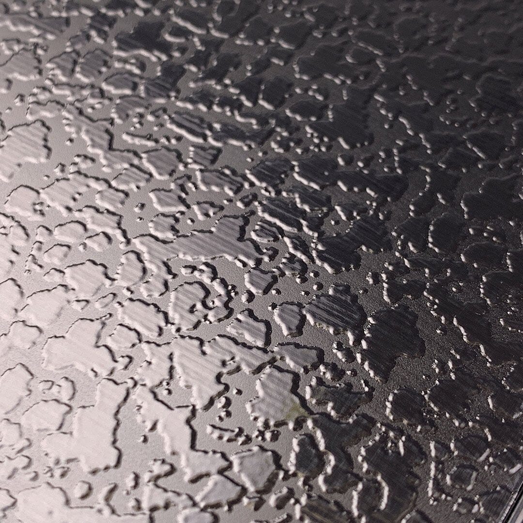 Zoomed in detail shot of the glossy waterdrop pattern on durable black acrylic phone case by Keyway