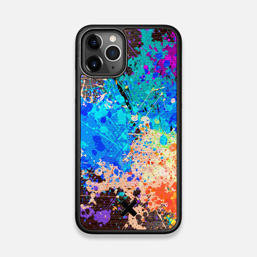 Front view of the realistic paint splatter 'Chroma' printed Wenge Wood iPhone 11 Pro Case by Keyway Designs